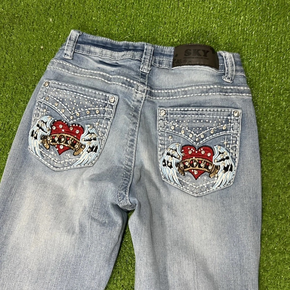 Sky Premium Collection Jeans SZ 5/6 Heart Wings Pocket Embroidered Y2K Vtg Flare - Picture 10 of 10